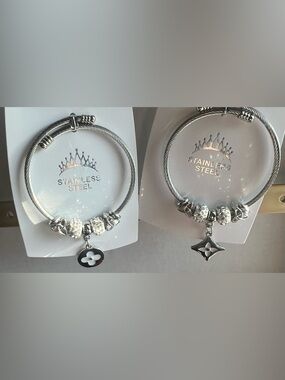 Stainless Steel Charm Bracelet with Black & White Clover Charm- Choose 1